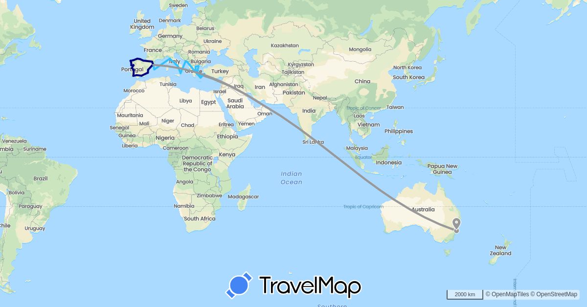 TravelMap itinerary: driving, plane, boat in Andorra, United Arab Emirates, Australia, Spain, Greece, Croatia, Italy, Montenegro, Portugal, Turkey (Asia, Europe, Oceania)